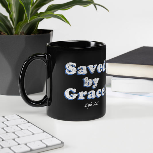 Saved by Grace! Black Glossy Mug - Solid Rock Designs | Christian Apparel