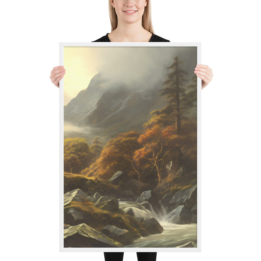 Mountain Foggy River Valley-right Framed Poster - Solid Rock Designs | Christian Apparel
