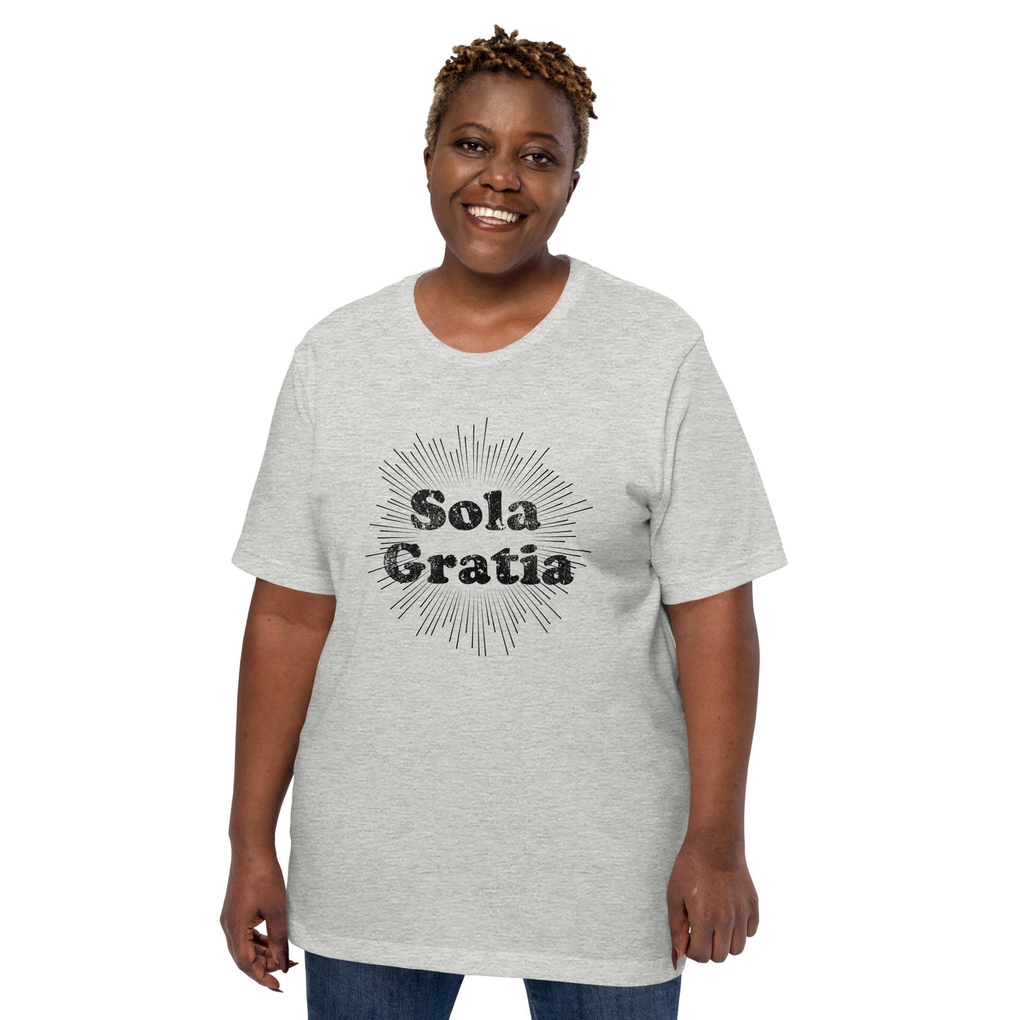 Sola Gratia! Faded Sunburst Unisex t-shirt - Solid Rock Designs | Christian Apparel