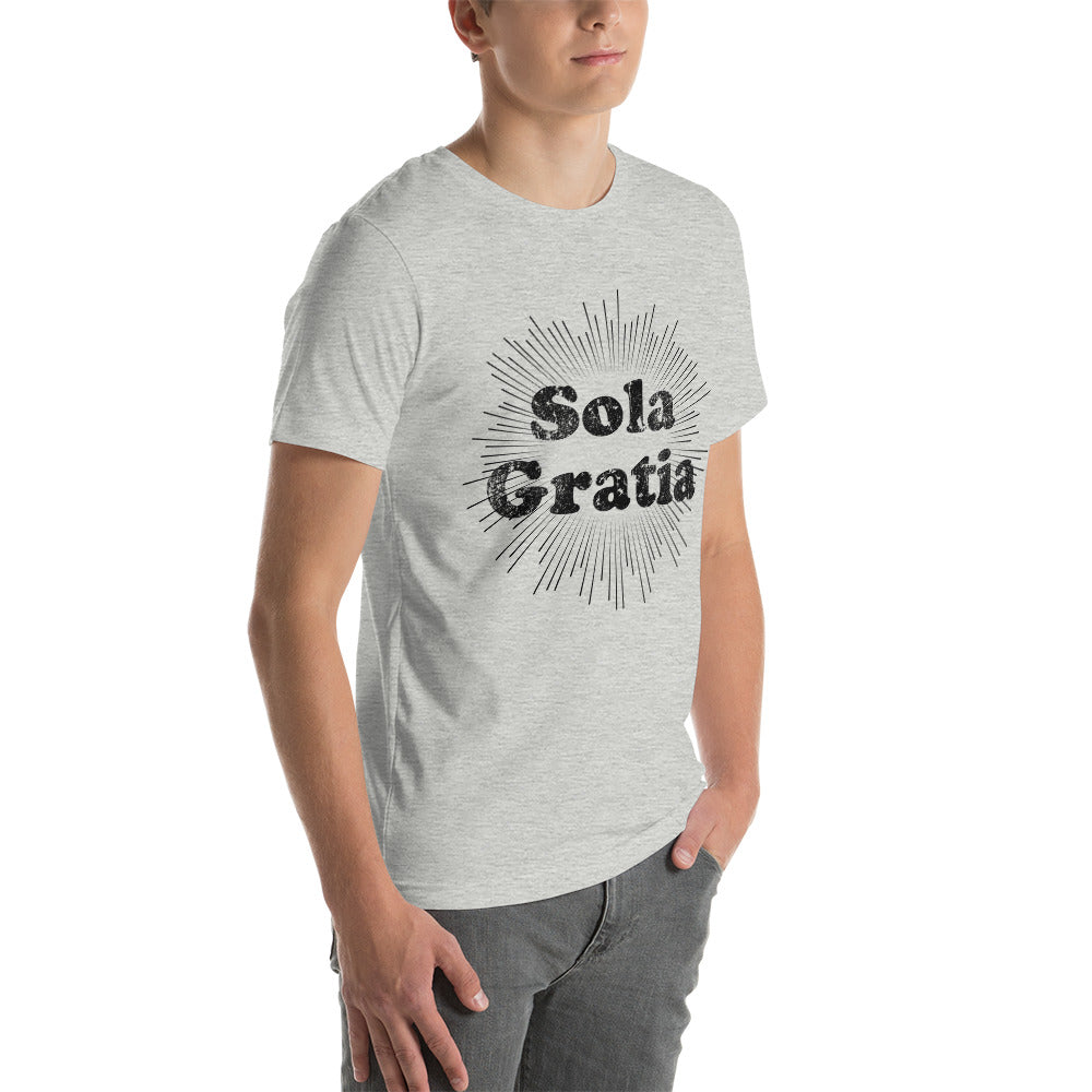 Sola Gratia! Faded Sunburst Unisex t-shirt - Solid Rock Designs | Christian Apparel