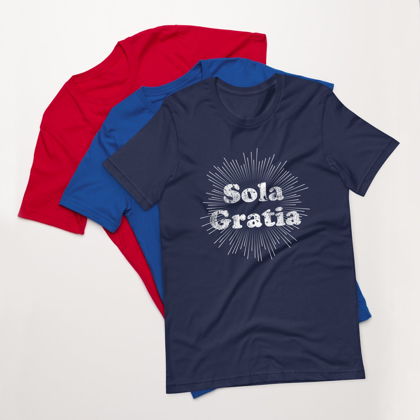 Sola Gratia! Faded Sunburst Unisex t-shirt - Solid Rock Designs | Christian Apparel