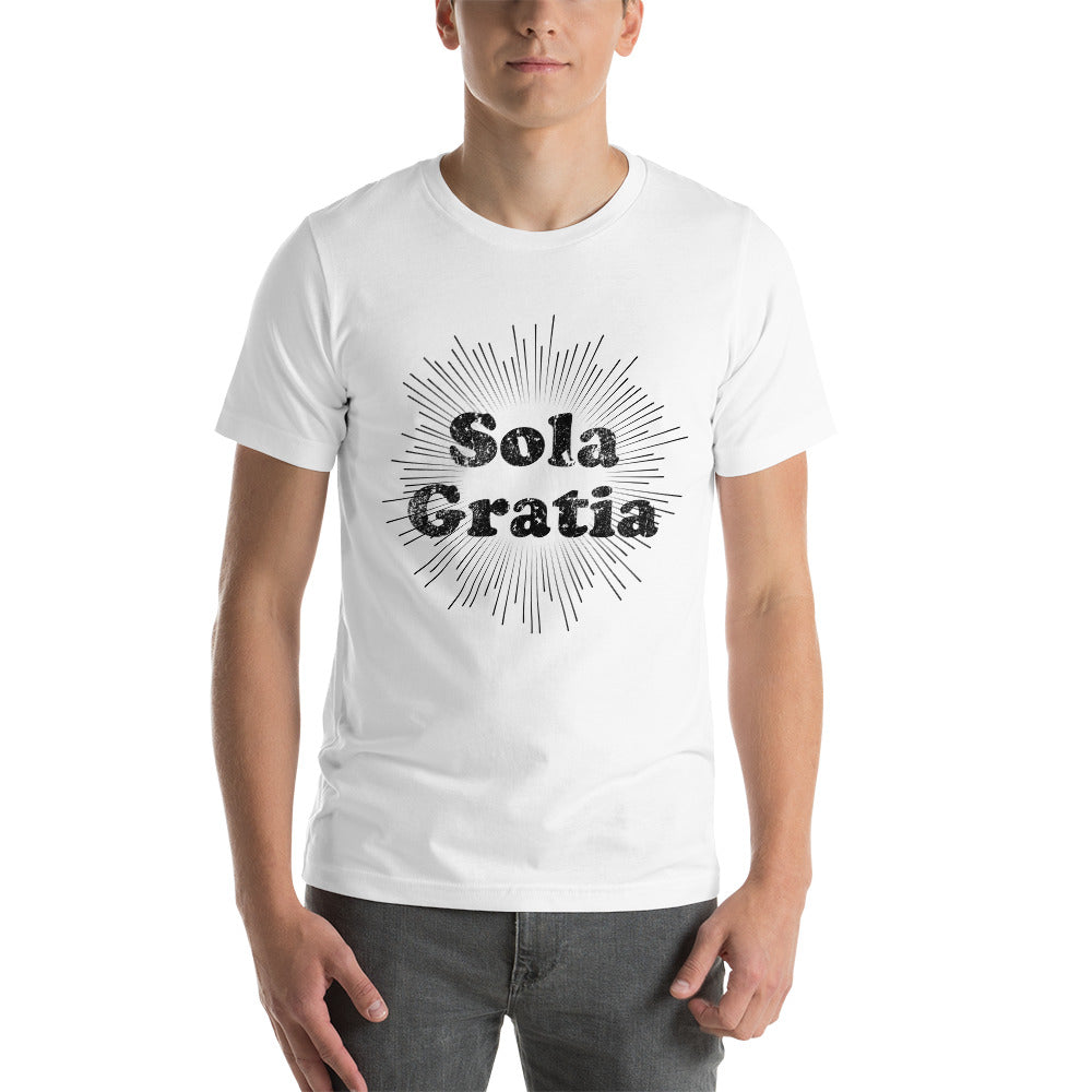 Sola Gratia! Faded Sunburst Unisex t-shirt - Solid Rock Designs | Christian Apparel