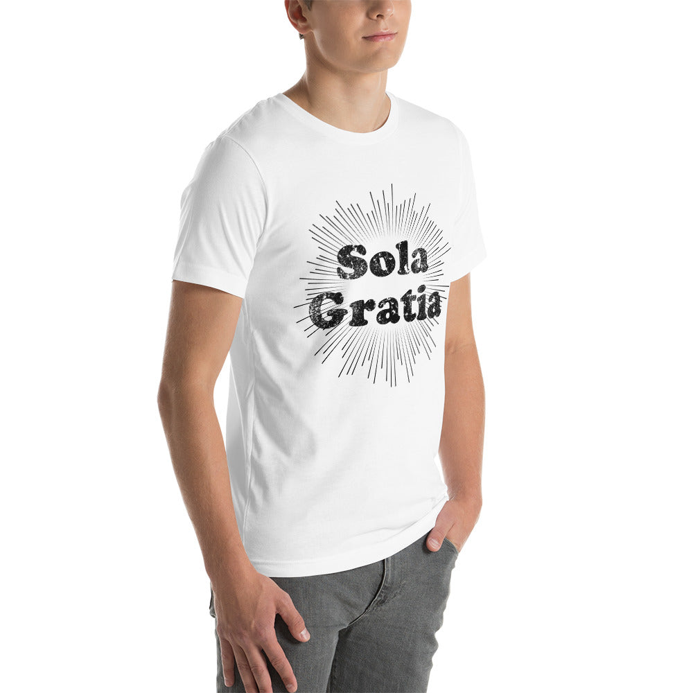 Sola Gratia! Faded Sunburst Unisex t-shirt - Solid Rock Designs | Christian Apparel