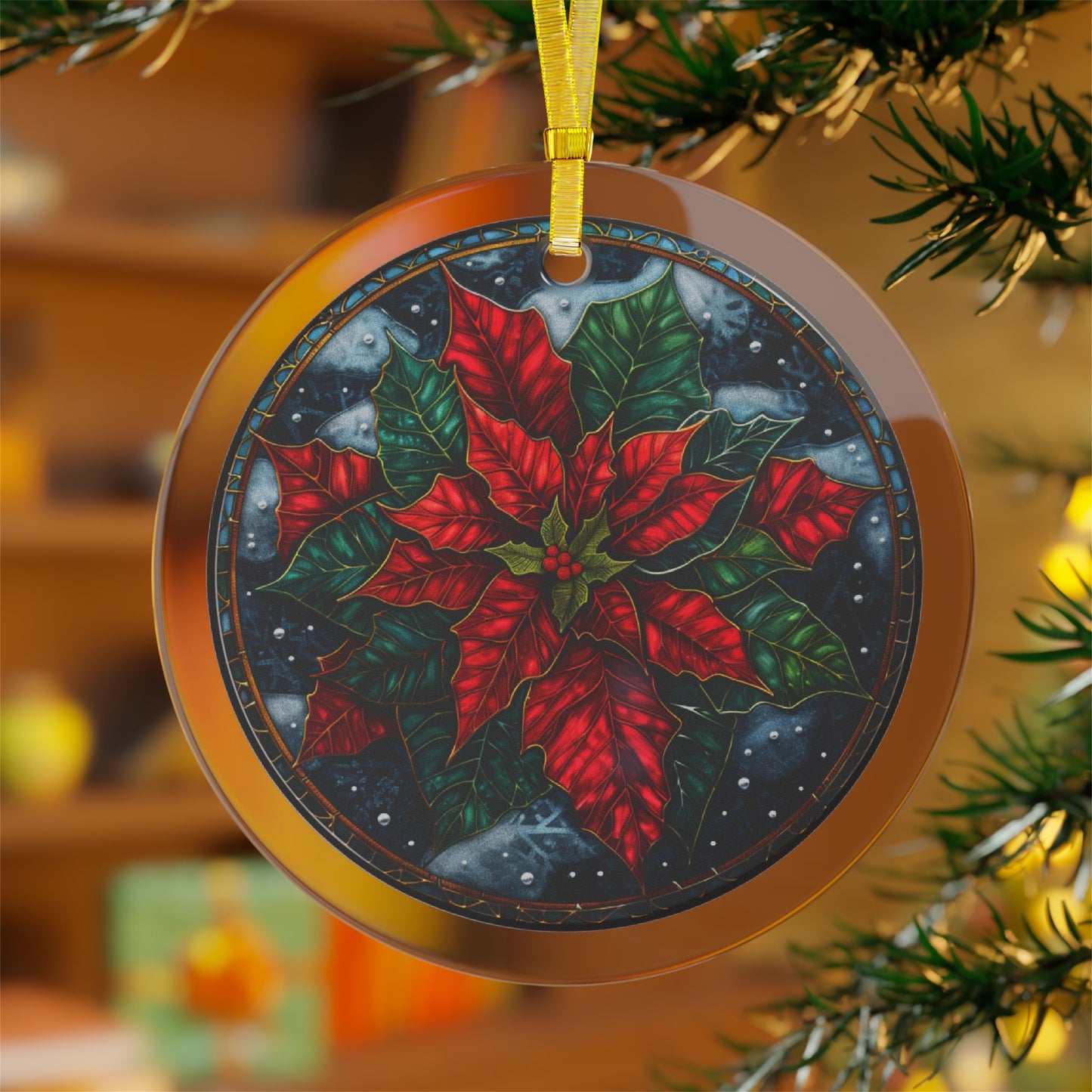 Stained Glass Style Poinsettia on Blue Glass Ornaments