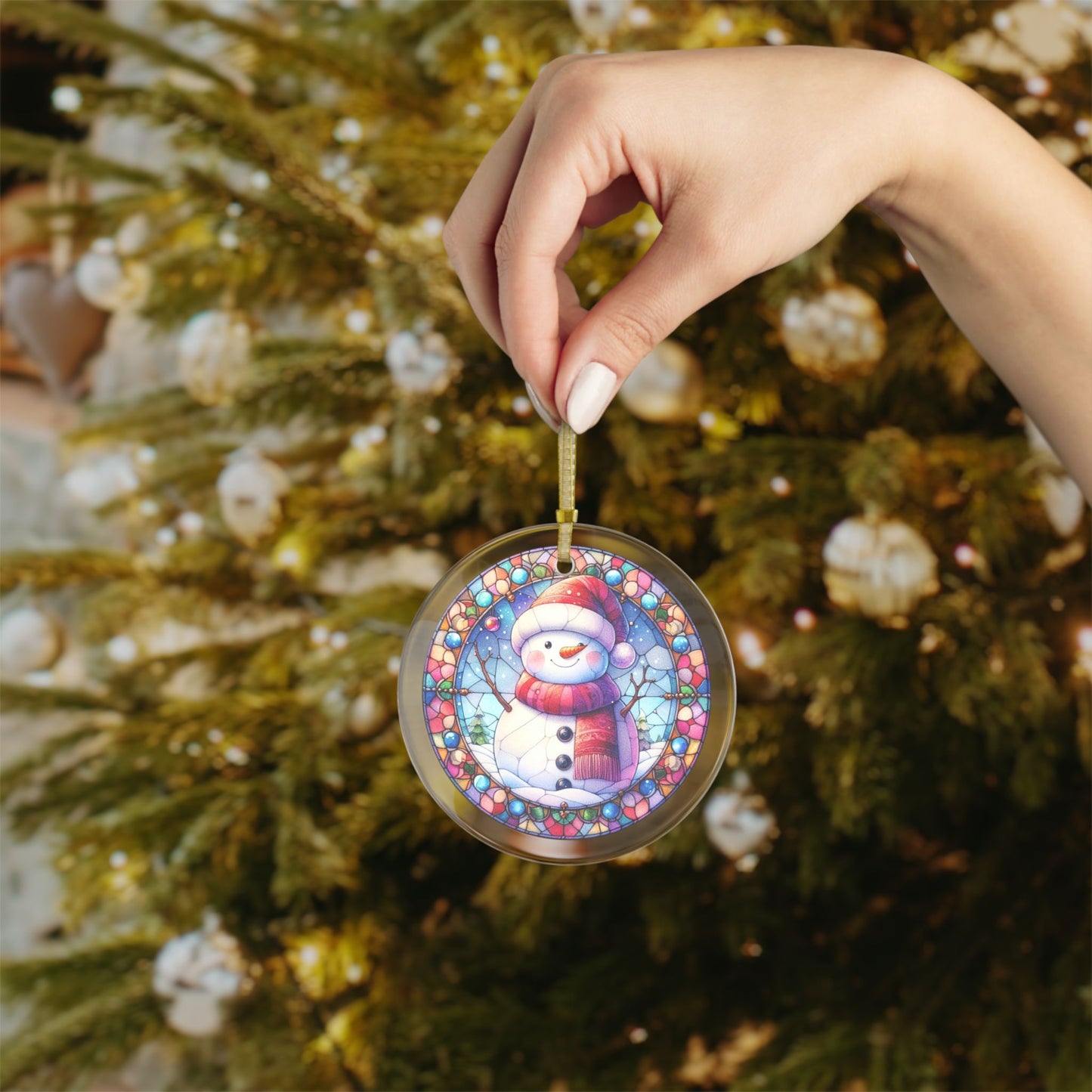 Stained Glass Style Snowman Red Hat Glass Ornaments