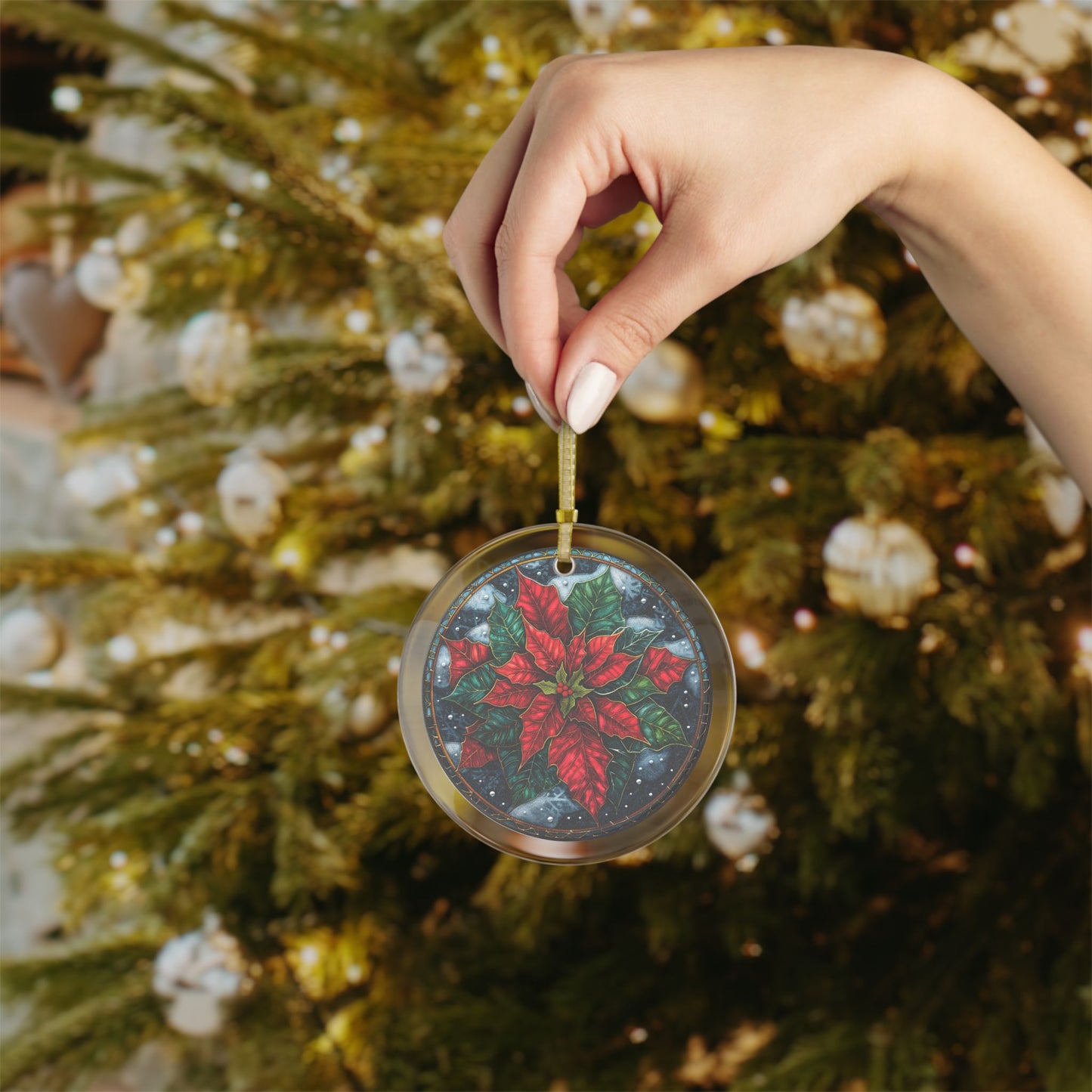 Stained Glass Style Poinsettia on Blue Glass Ornaments