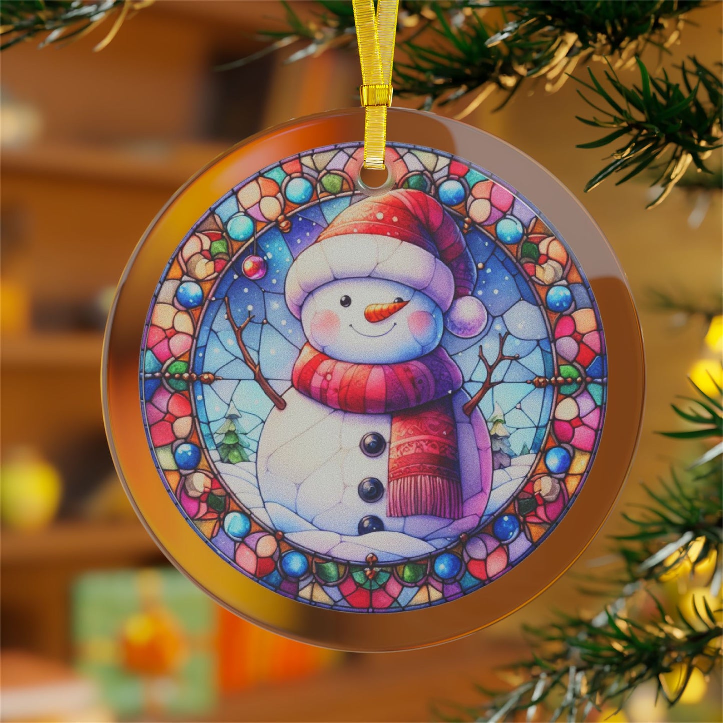 Stained Glass Style Snowman Red Hat Glass Ornaments