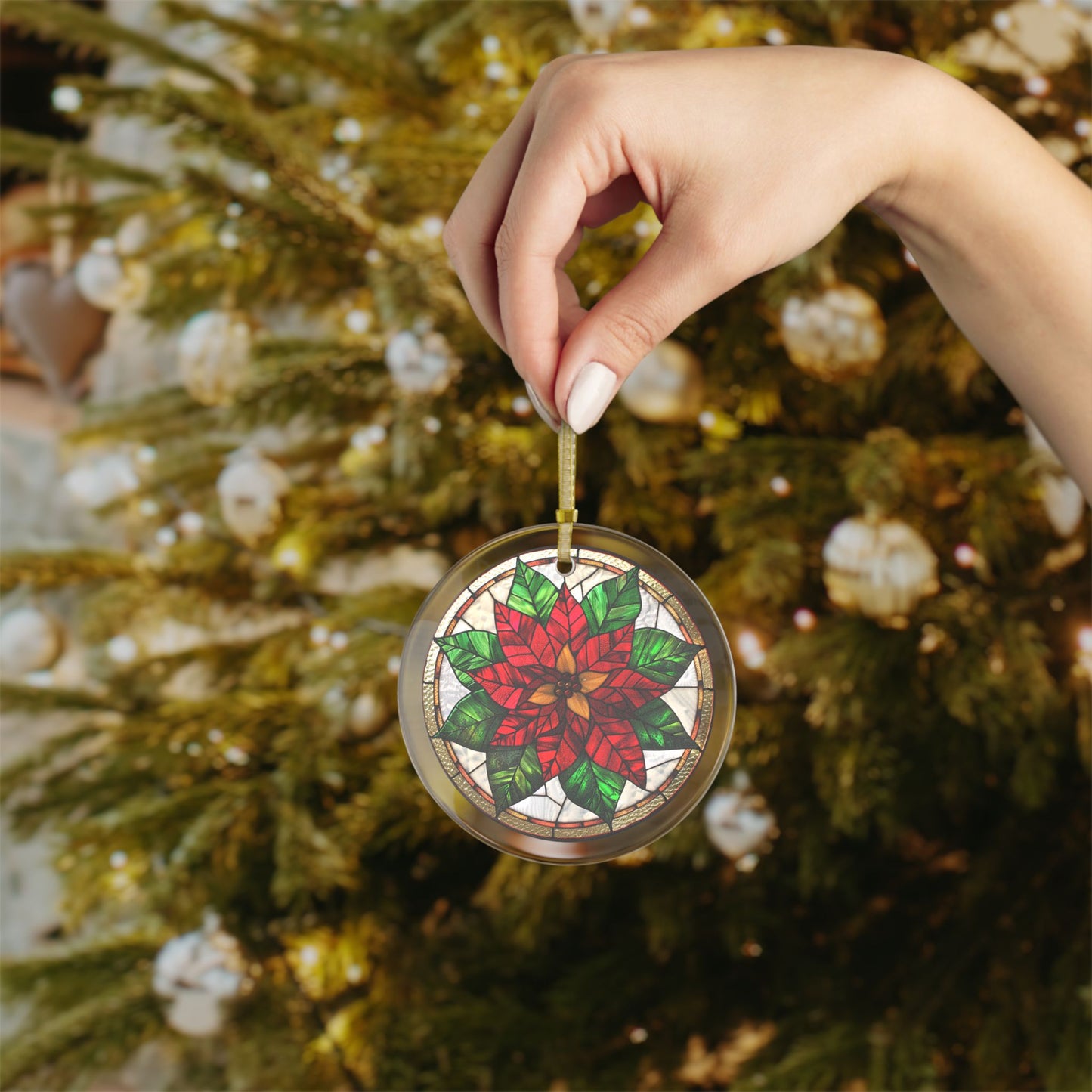 Stained Glass Style Red & Green Poinsettia on White Glass Ornaments