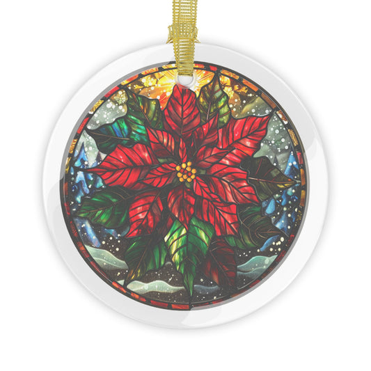 Stained Glass Style Poinsettia & Snow Glass Ornaments