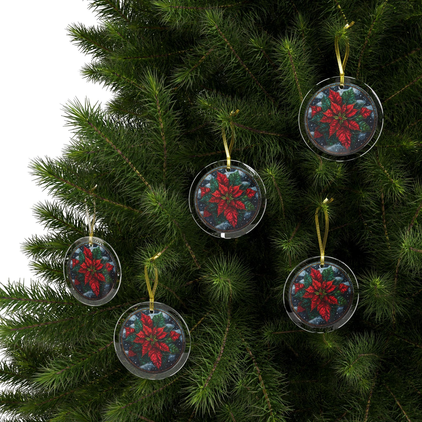 Stained Glass Style Poinsettia on Blue Glass Ornaments