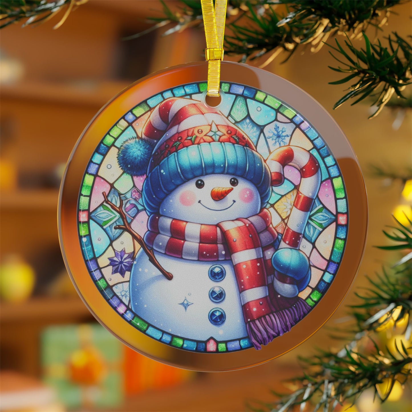 Stained Glass Style Snowman & Candy Cane Glass Ornaments