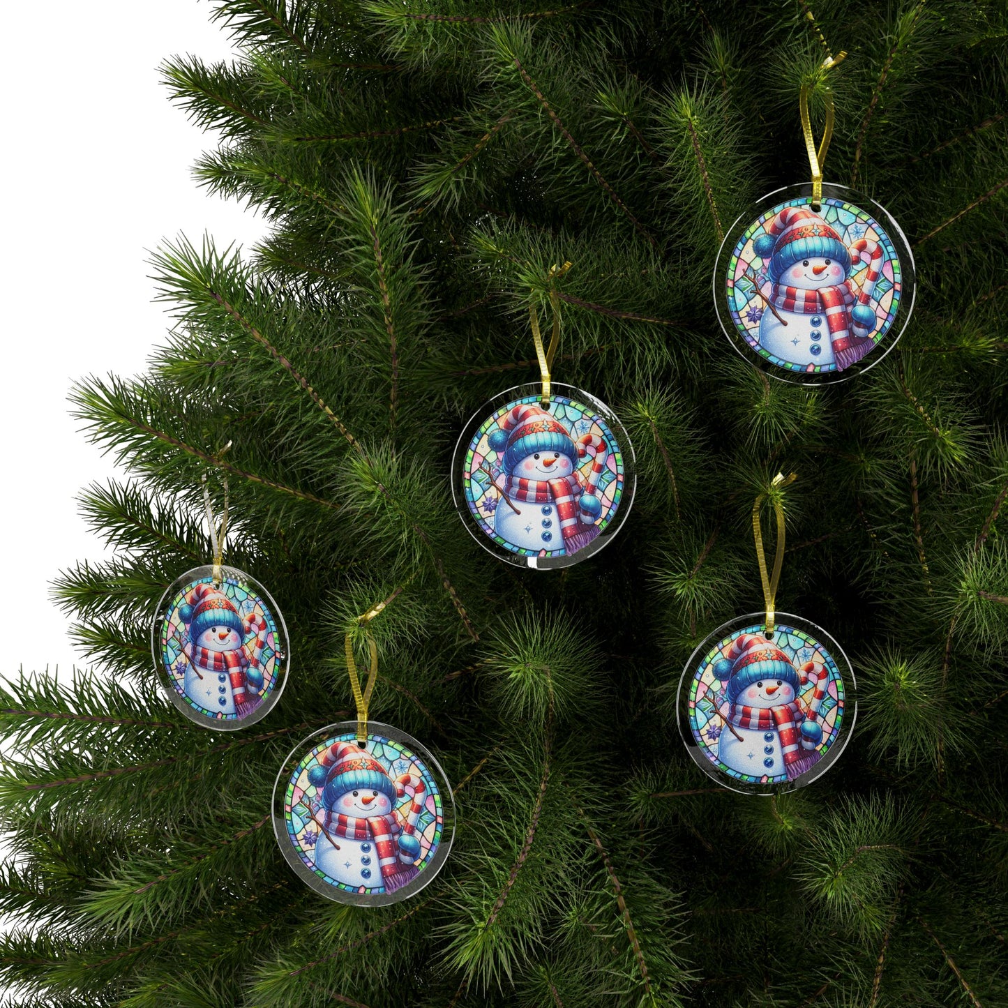 Stained Glass Style Snowman & Candy Cane Glass Ornaments