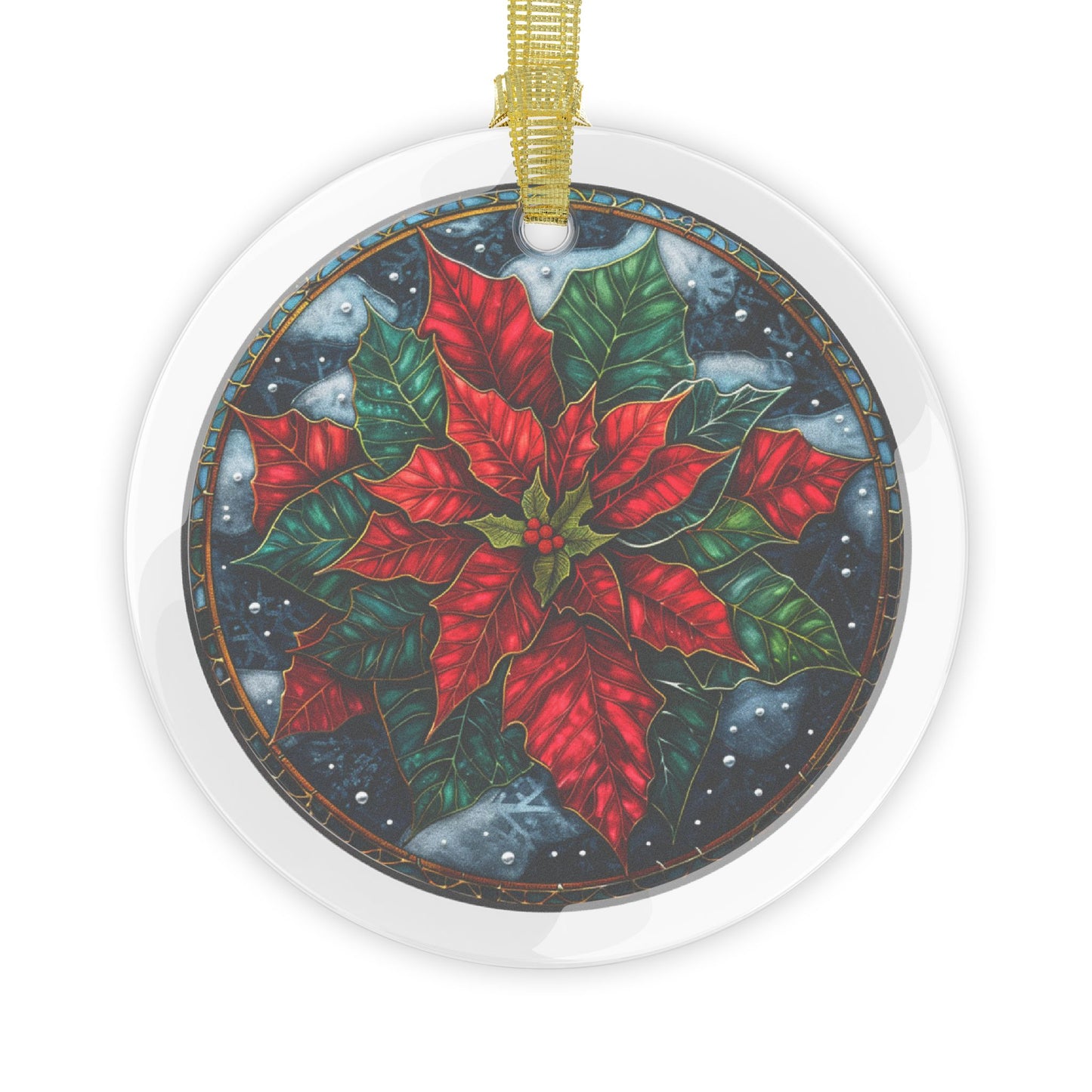 Stained Glass Style Poinsettia on Blue Glass Ornaments