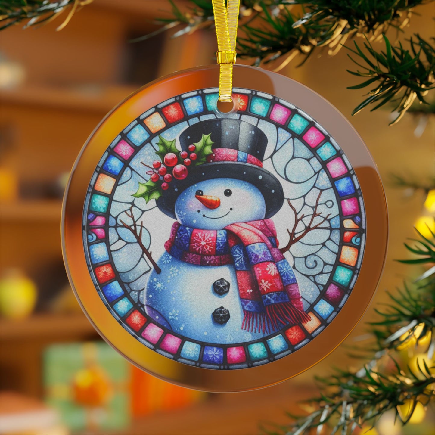 Stained Glass Style Snowman Black Top Hat Glass Ornaments