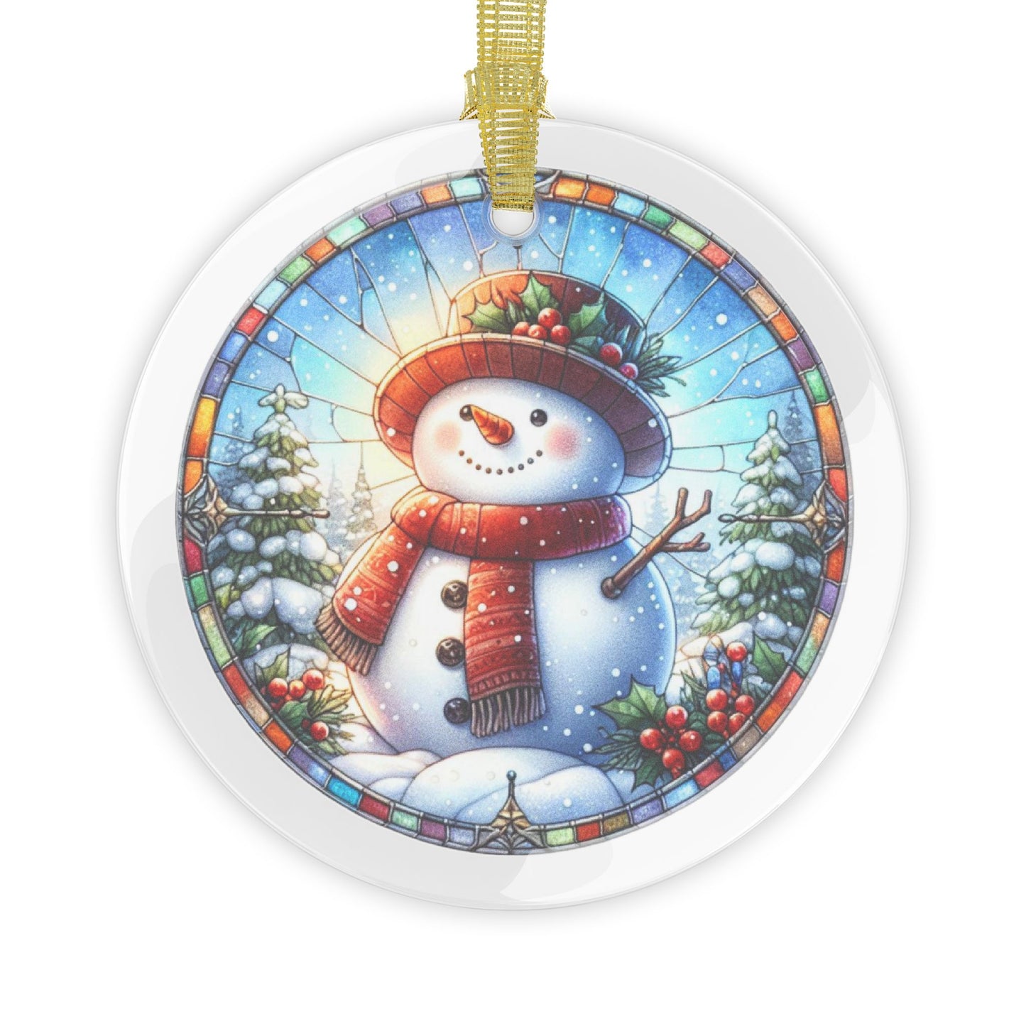 Stained Glass Style Snowman Red Top Hat Glass Ornaments