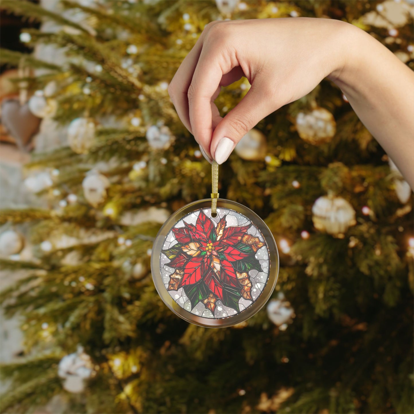 Stained Glass Style Poinsettia on White Glass Ornaments