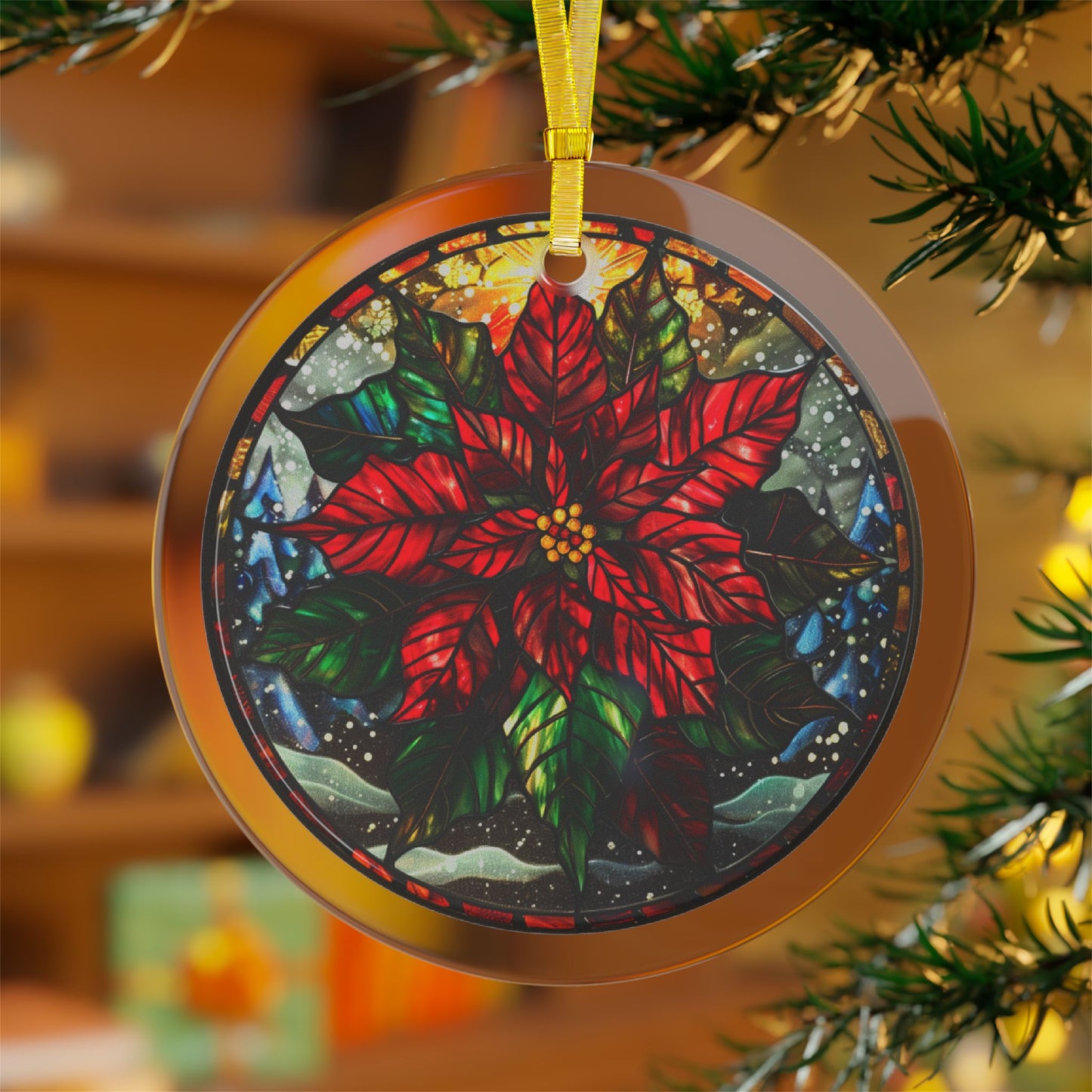 Stained Glass Style Poinsettia & Snow Glass Ornaments