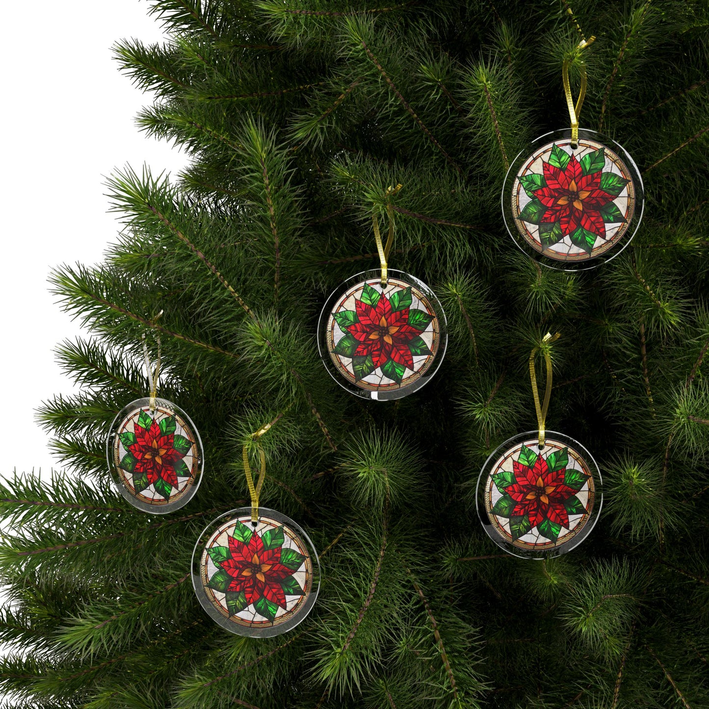 Stained Glass Style Red & Green Poinsettia on White Glass Ornaments