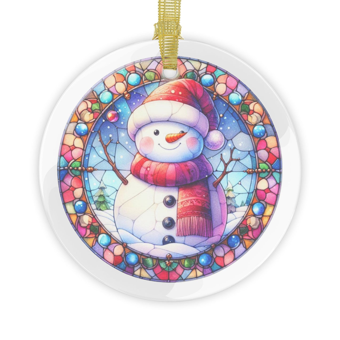 Stained Glass Style Snowman Red Hat Glass Ornaments