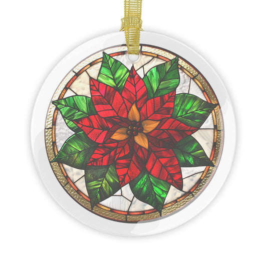 Stained Glass Style Red & Green Poinsettia on White Glass Ornaments