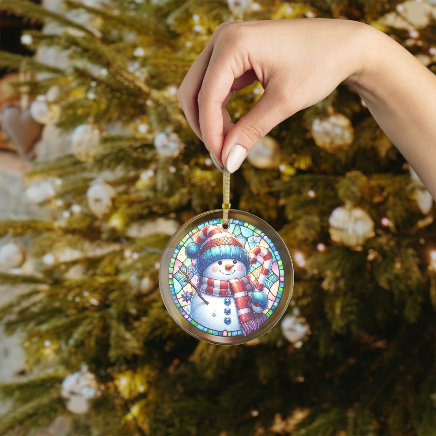 Stained Glass Style Snowman & Candy Cane Glass Ornaments