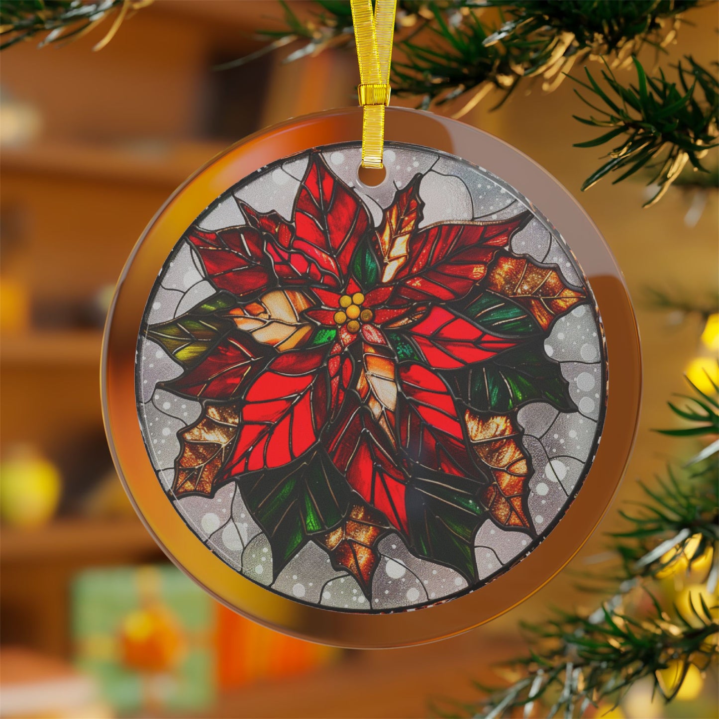 Stained Glass Style Poinsettia on White Glass Ornaments