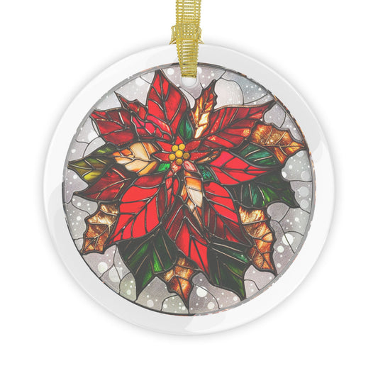 Stained Glass Style Poinsettia on White Glass Ornaments