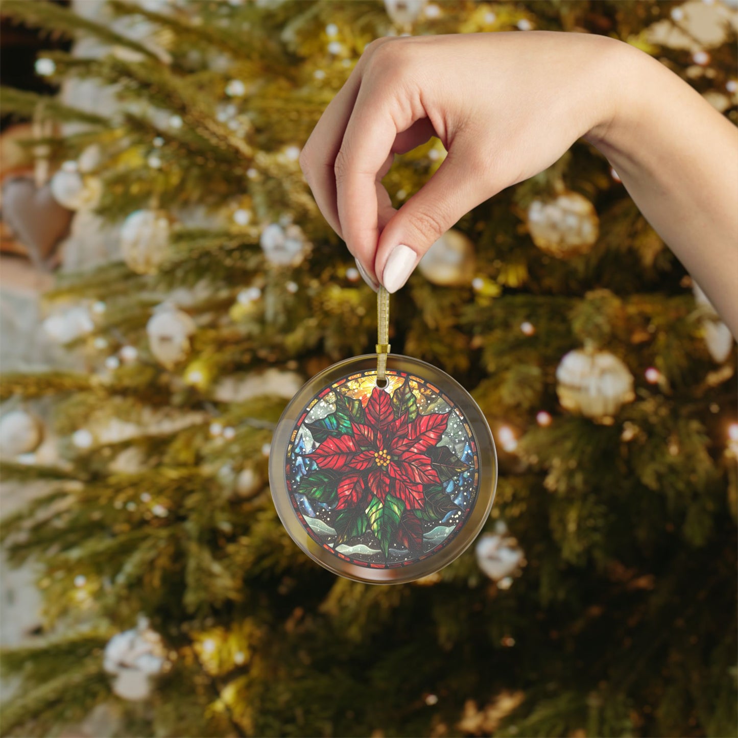 Stained Glass Style Poinsettia & Snow Glass Ornaments