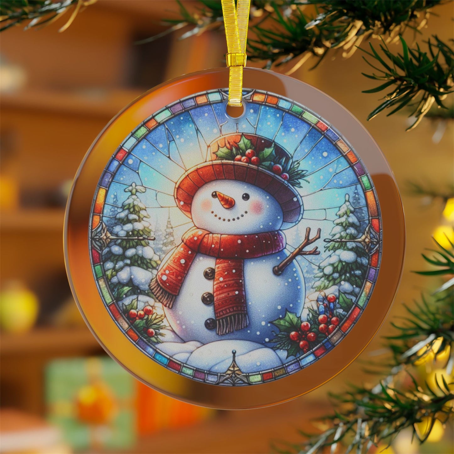 Stained Glass Style Snowman Glass Ornaments