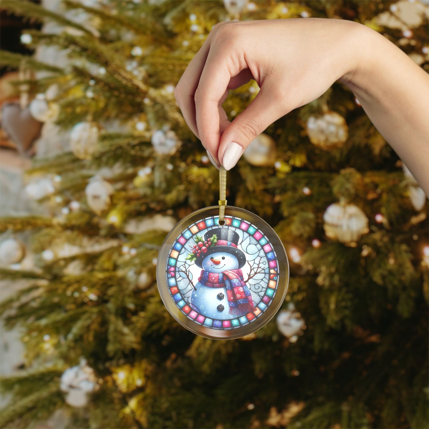 Stained Glass Style Snowman Glass Ornaments