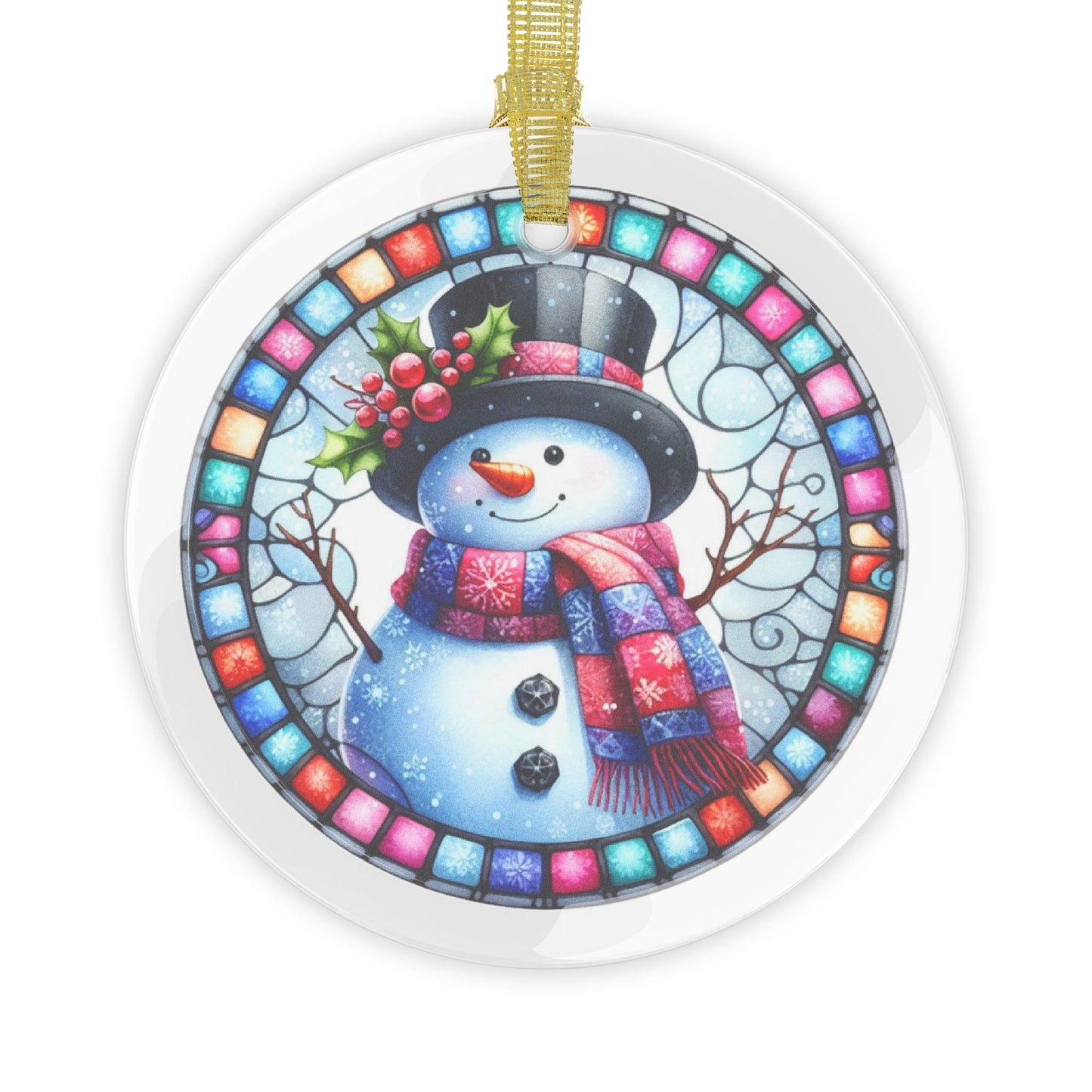 Stained Glass Style Snowman Black Top Hat Glass Ornaments