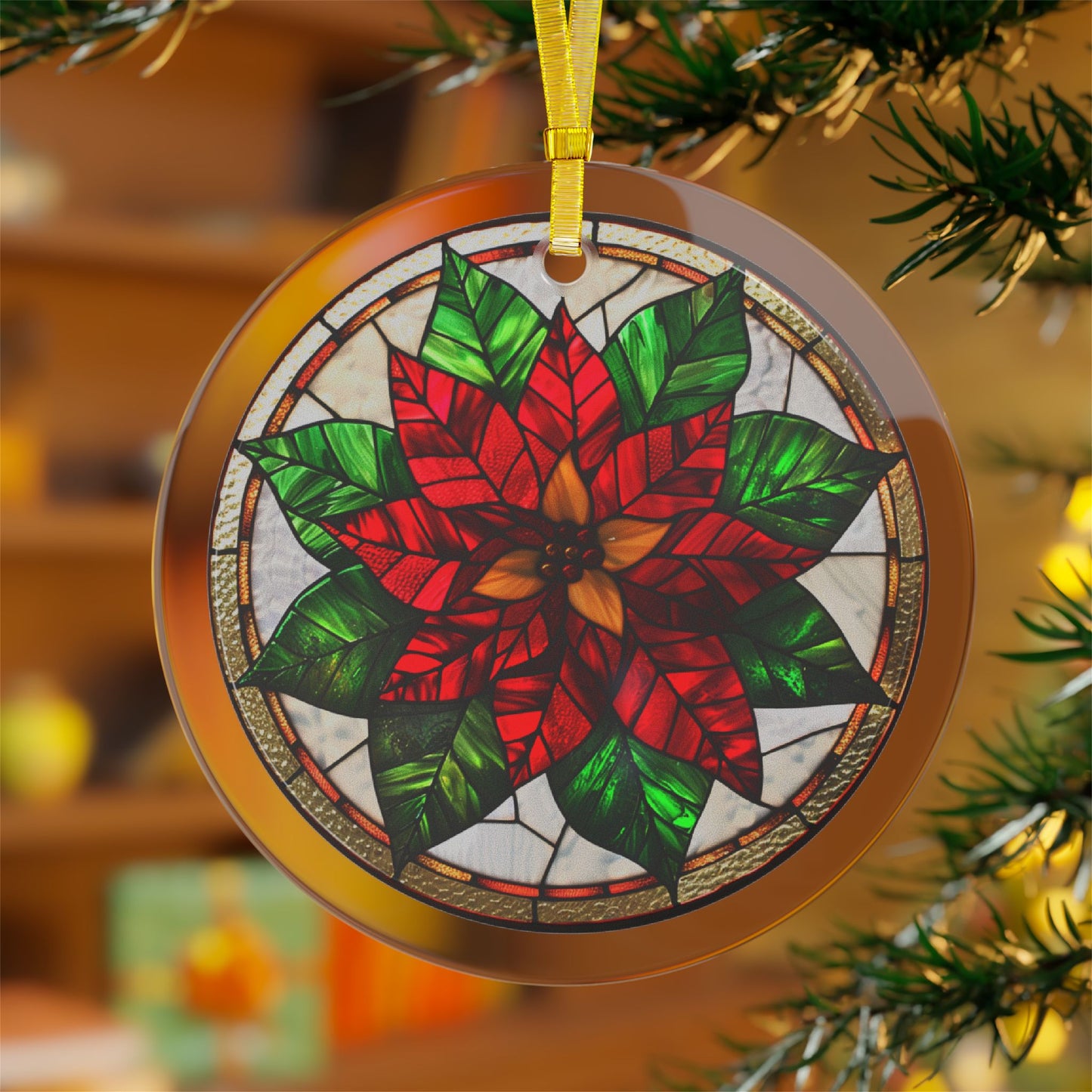 Stained Glass Style Red & Green Poinsettia on White Glass Ornaments