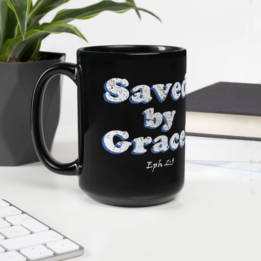 Saved by Grace! Black Glossy Mug - Solid Rock Designs | Christian Apparel
