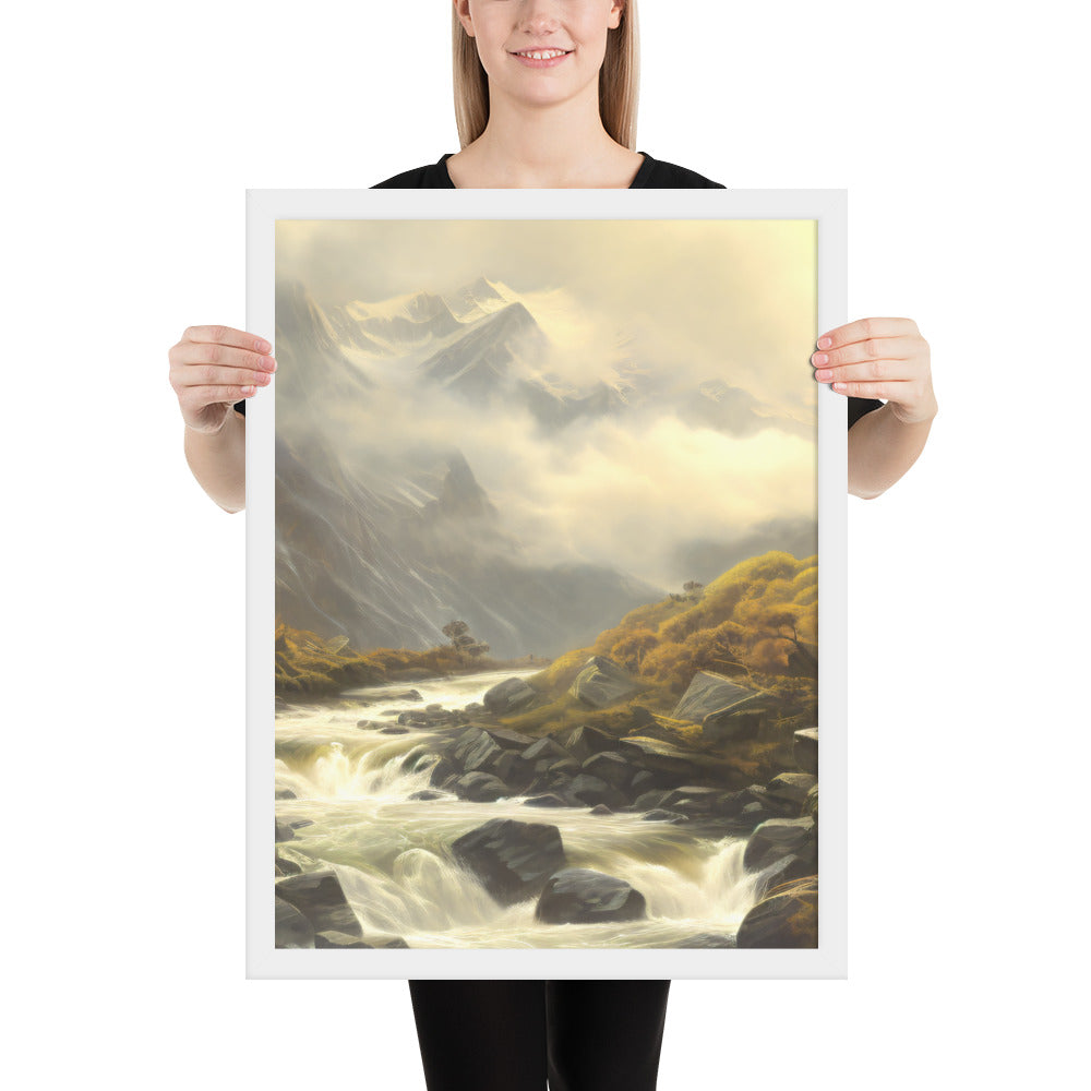 Mountain Foggy River Valley-mid Framed Poster - Solid Rock Designs | Christian Apparel
