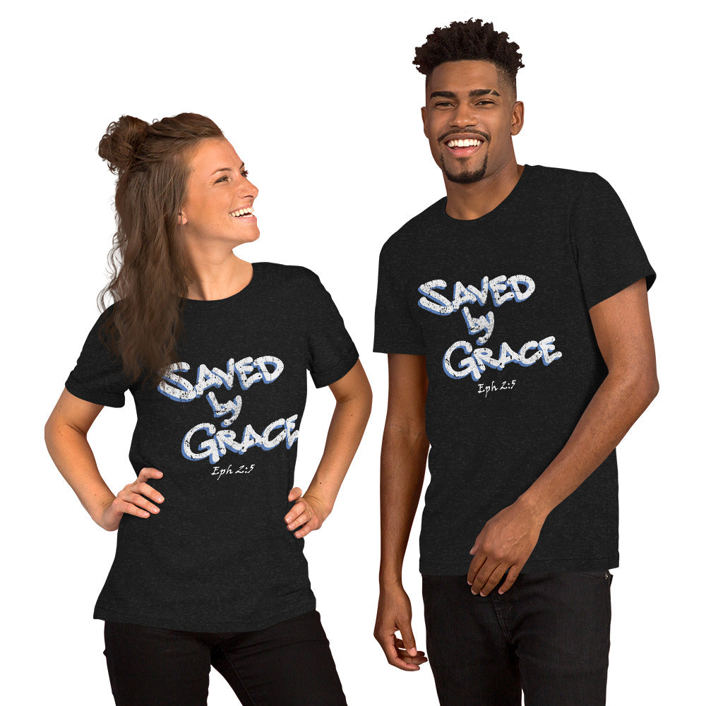 Saved by Grace Grungy-Graffiti Unisex T-shirt - Solid Rock Designs | Christian Apparel