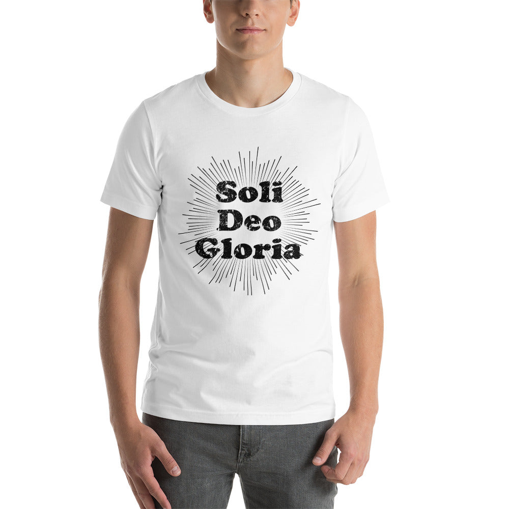 Soli Deo Gloria! Faded Sunburst Unisex t-shirt - Solid Rock Designs | Christian Apparel