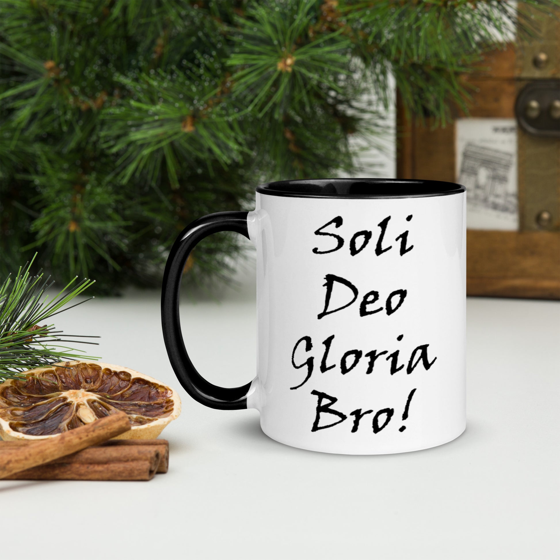Soli Deo Gloria Bro! White Mug w/ Color - Solid Rock Designs | Christian Apparel
