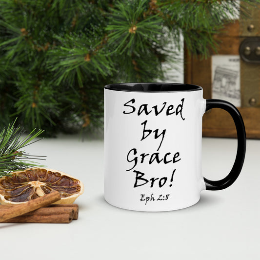 Saved by Grace Bro! White Mug w/ Color - Solid Rock Designs | Christian Apparel