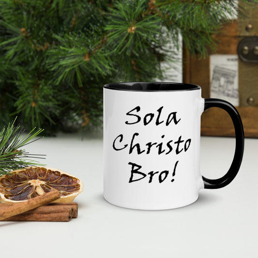 Sola Christo Bro! White Mug w/ Color - Solid Rock Designs | Christian Apparel
