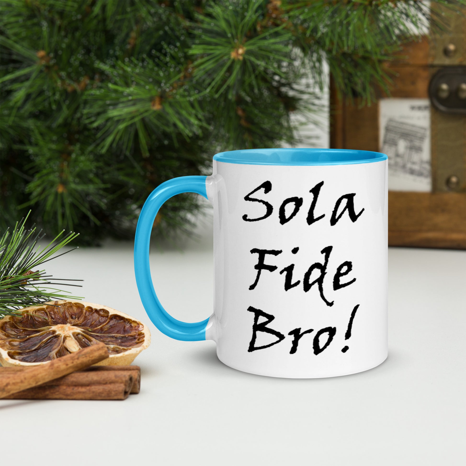 Sola Fida Bro! White Mug w/ Color - Solid Rock Designs | Christian Apparel