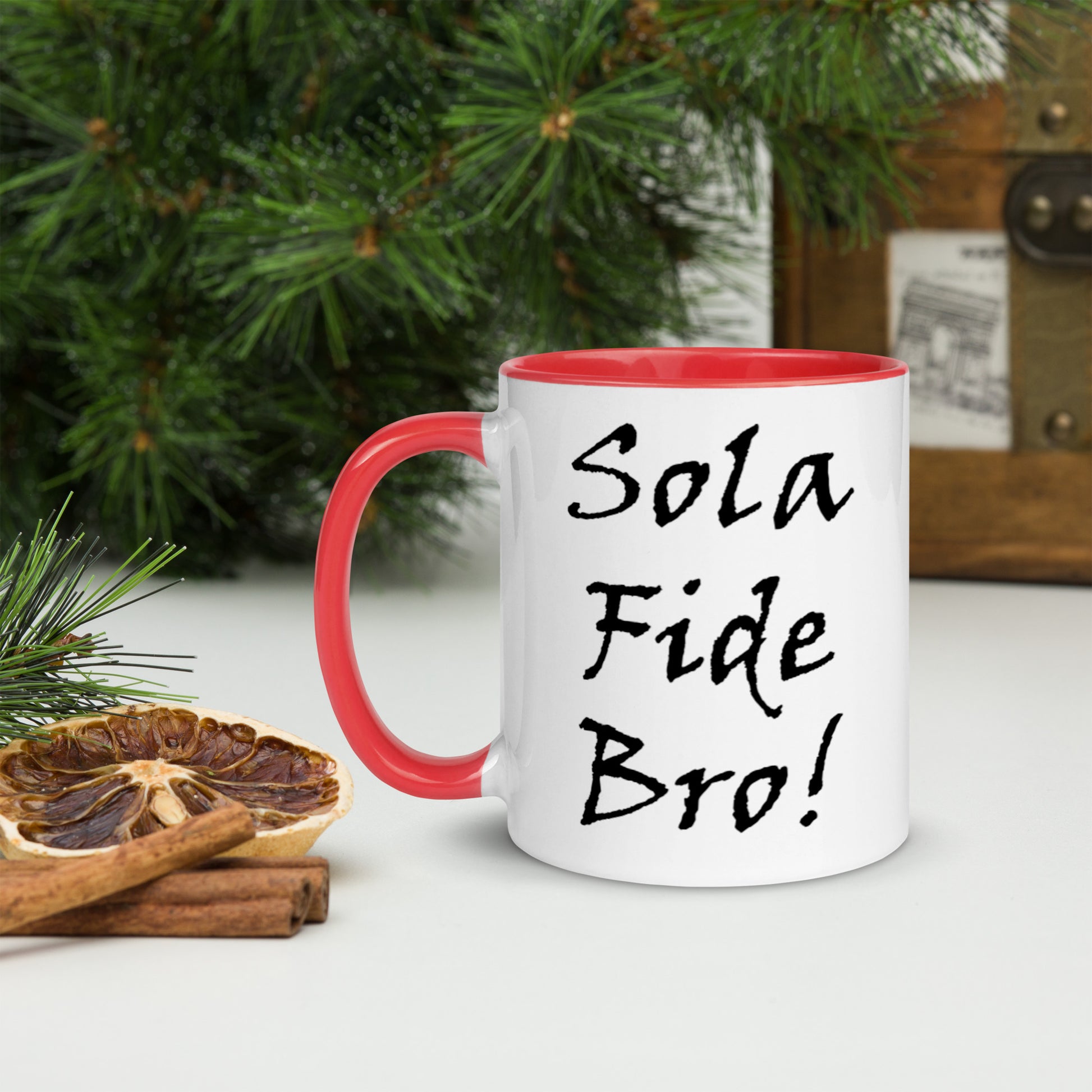 Sola Fida Bro! White Mug w/ Color - Solid Rock Designs | Christian Apparel