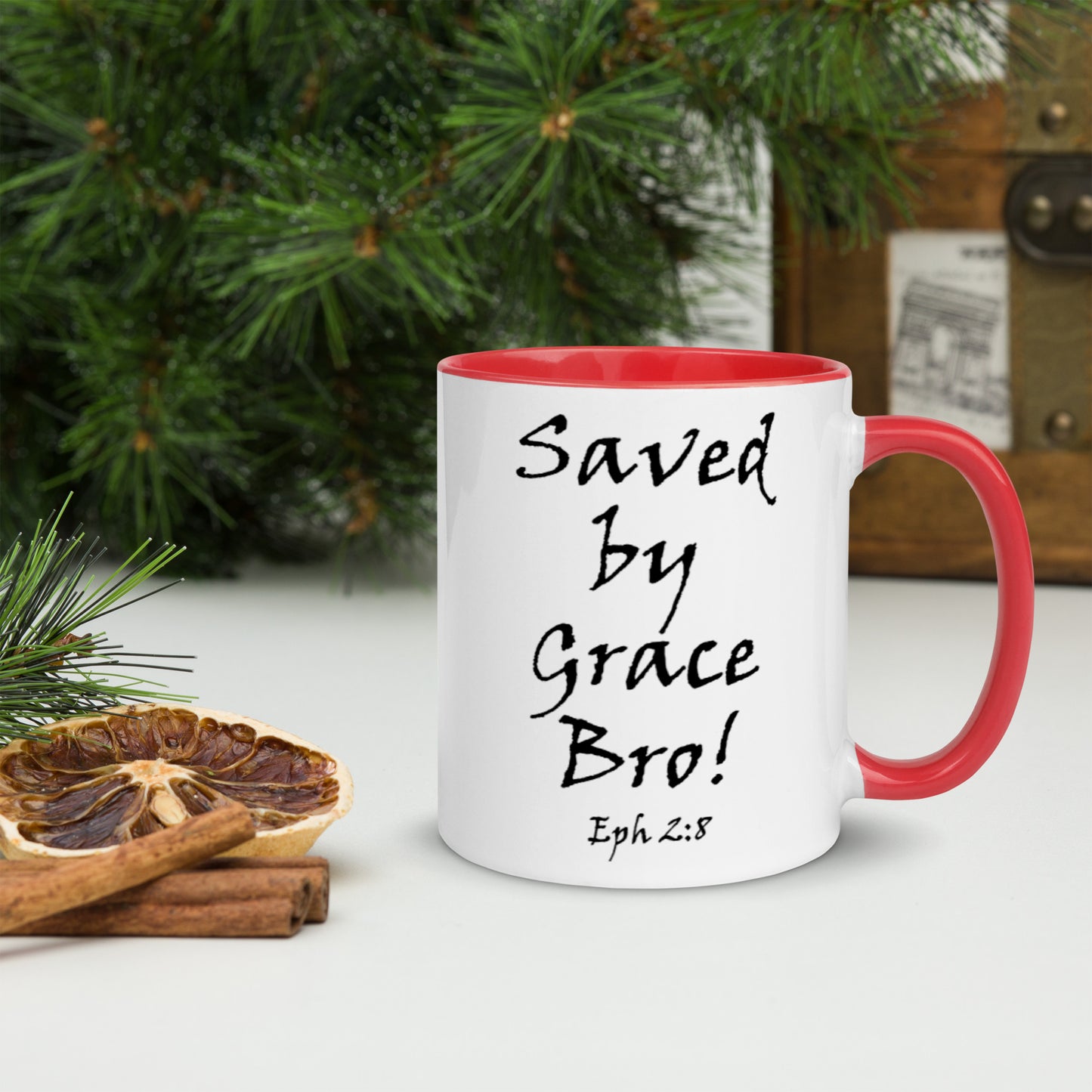 Saved by Grace Bro! White Mug w/ Color - Solid Rock Designs | Christian Apparel