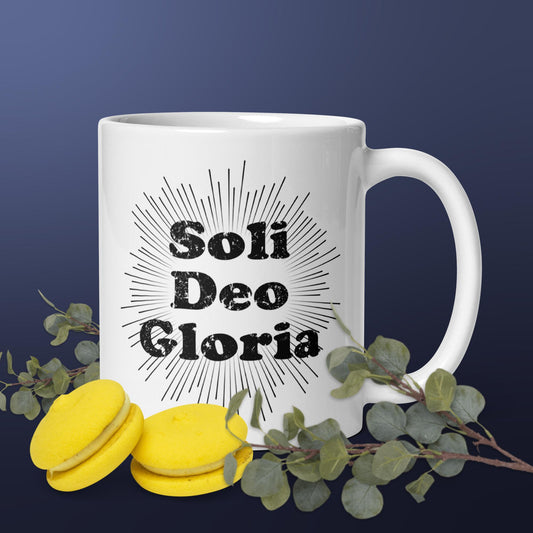 Soli Deo Gloria White Glossy Mug - Solid Rock Designs | Christian Apparel